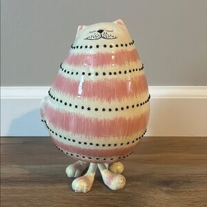 Striped Ceramic Cat Figurine - Pink and White Bobble